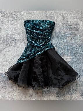 Jump Apparel Y2K Blue Sequin Strapless Corset Dress Black Tulle Mini Size 1/2 XS